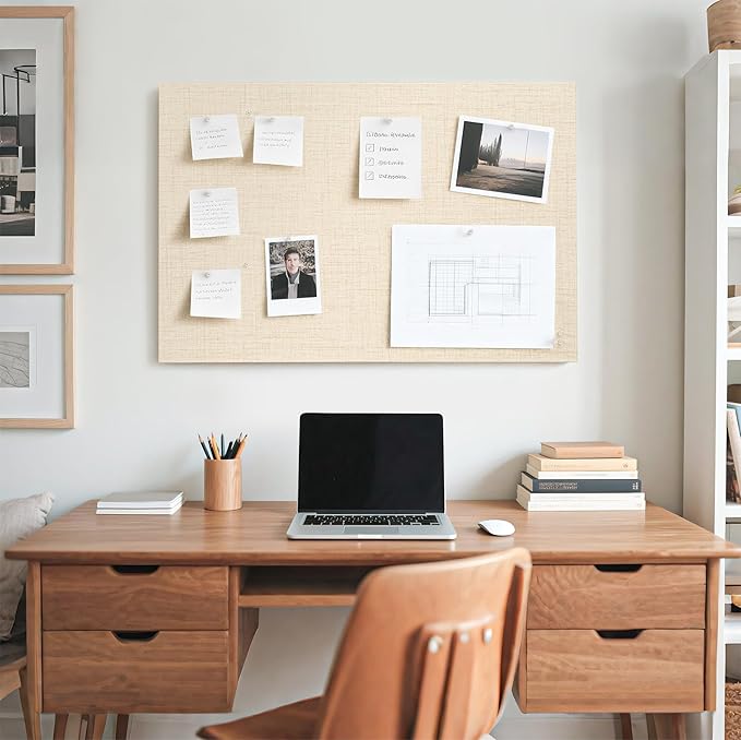 Bulletin Board 36 x 24 inches, 3' x 2' Linen Board for Wall, Decorative Fabric Pin Board with Safe Removable Adhesive Tapes for Home and Office, Includes 20 Push Pins-Light Yellow Stripes-DeskLoop Office
