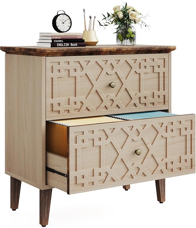 LITTLE TREE 2-Drawer File Cabinet, Wood Lateral Filing Cabinet for Home Office, Beige-DeskLoop Office