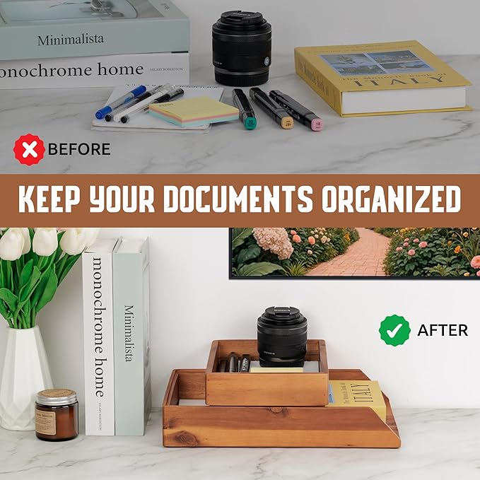 Demigo Desk Organizer Letter Tray Set of 2, Acacia Wood Tabletop Desktop for Storage Paper Letter Folders Notebooks Copy Print, Workspace Holder, Keep Stationery Saver (Brown)-DeskLoop Office