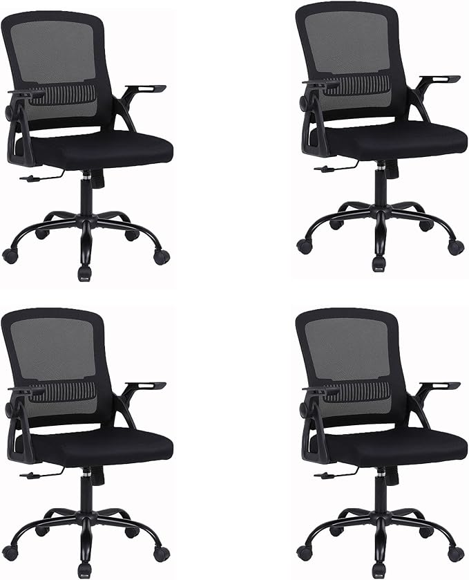 Office Chair, Ergonomic Desk Chair with Lumbar Support, Breathable Mesh Chair with Flip-up Armrests and Mid Back, Comfy Task Computer Height Adjustable Swivel Chair (4, Black)-DeskLoop Office