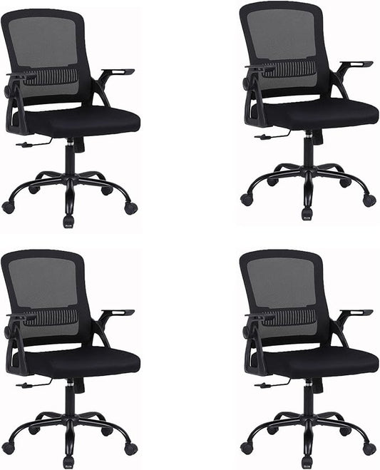 Office Chair, Ergonomic Desk Chair with Lumbar Support, Breathable Mesh Chair with Flip-up Armrests and Mid Back, Comfy Task Computer Height Adjustable Swivel Chair (4, Black)-DeskLoop Office