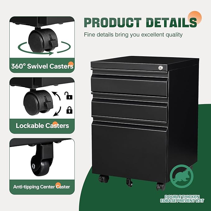 Letaya 3 Drawer Mobile File Cabinet with Lock,Under Desk Metal Filing Cabinets for Home Office Organizer Letters/Legal/A4((Fully Assembled-Black)-DeskLoop Office