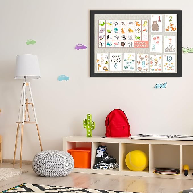 Cork Board Bulletin Board 18" x 24", Large Linen Corkboards with Frame for Walls, Cute Picture Display Pin Board Vision Board for Room School Office Bedroom 20 Pushpins Vintage Black-DeskLoop Office