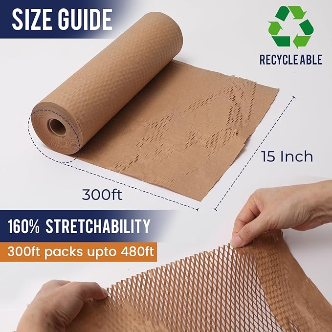 Honeycomb Packing Paper 15" x 300ft with Rope & 20 Fragile Stickers|Shipping & Moving Supplies|Small Business Packaging Supplies|Eco Friendly Bubble Wrap Packing Boxes for Moving Certified FSC C204227-DeskLoop Office