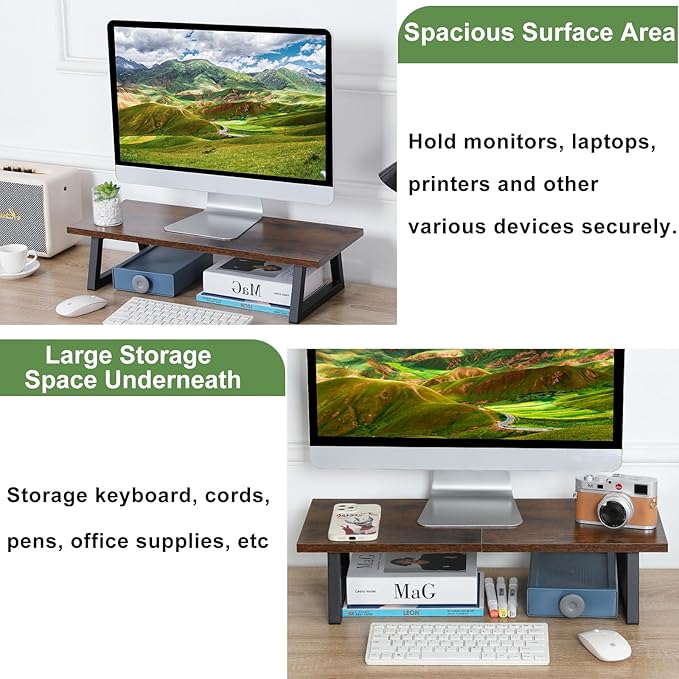 TEAMIX 24 inch Monitor Stand Riser, Rustic Brown Wood & Steel Computer Monitor Stand with Storage, Laptop, PC, Printer Stand Riser for Desktop Office Desk Organizers-DeskLoop Office