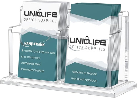 Uniclife Acrylic Business Card Holder for Desk 2 Slot Clear Vertical Business Card Display Stand for Men and Women Desktop Name Card Organizer Card Stand for Office Home Exhibition, 120 Card Capacity-DeskLoop Office