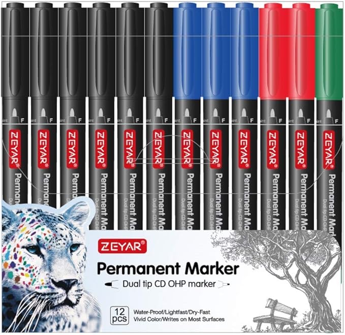 ZEYAR Twin Tip Permanent Markers, CD/DVD Markers, 4 Color, Ultra Fine Point and Fine Point for Signature and Marking (4 Colors, 12 Pack)-DeskLoop Office