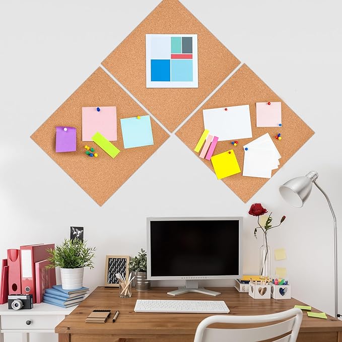 6 Pac Self-Adhesive Square Cork Boards for Wall with 100 Push Pins for Bulletin Boards Cork Wall Home School Office Decorative(12"x12"x1/4" )-DeskLoop Office