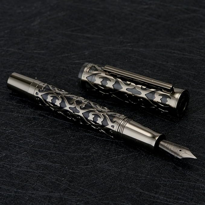 Hongdian D1 Piston Fountain Pen Fine Soft Nib, Jet Black Hollow Skeleton & Resin Pen with Metal Case Set-DeskLoop Office