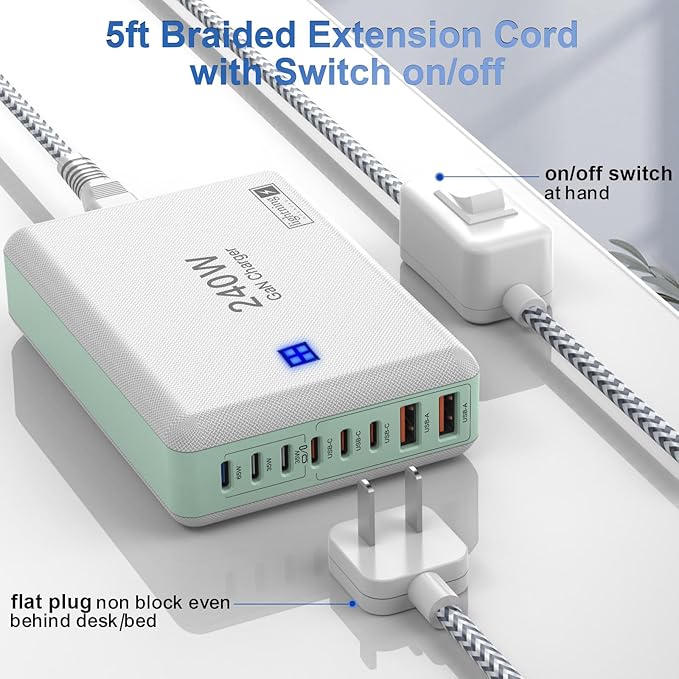 240W Fast Chargers for Multiple Devices 8 Ports, 6 Type C + 2 USB A Charger Block, Charging Station with Slim Flat Plug, 65W Power Hub for Laptops, PD GaN Charger Tower for iPhone, Samsung-DeskLoop Office