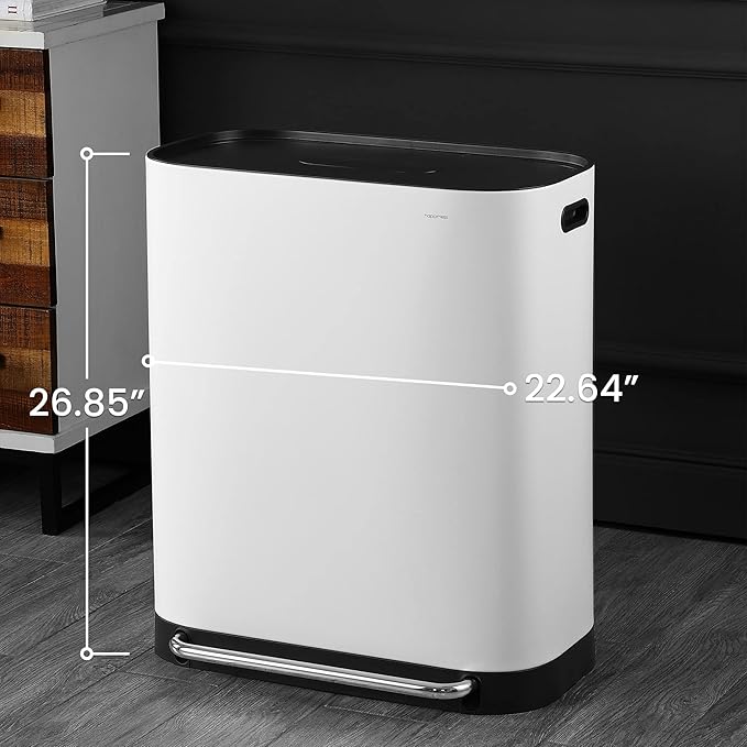 happimess HPM1014C Beni Kitchen 16-Gallon Double-Bucket Step-Open Trash Can with Soft-Close Lid, Modern, Minimalistic, Fingerprint Proof for Home, Kitchen, Laundry Room, Office, Bathroom, White-DeskLoop Office