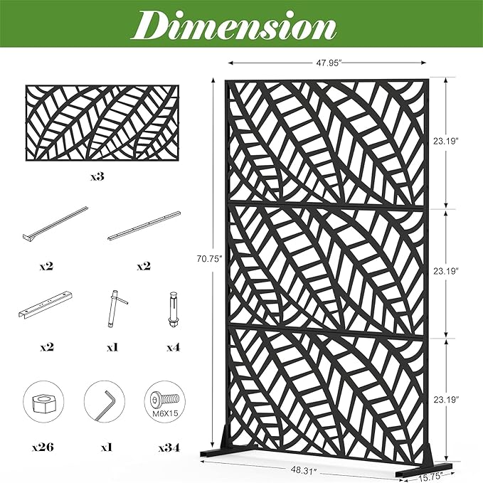NicBex Room Divider 1 Panel Room Dividers with Leaf Pattern Design Partition Room Dividers and Metal Privacy Screens Wall Divider for Outdoor, Room Separation,48.31" W x 15.75" D x 70.75" H, Black-DeskLoop Office