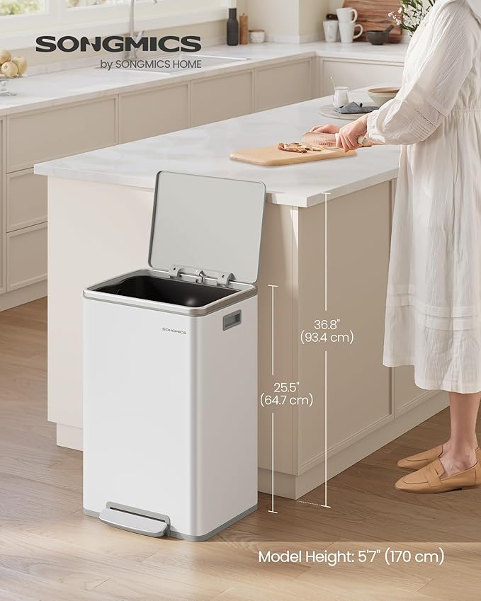 SONGMICS Trash Can, 13-Gallon Gabbage Can, with 15 Trash Bags, Steel, with Soft-Close Lid, Removable Inner Bucket, Handles, Cloud White ULTB595W01V1-DeskLoop Office