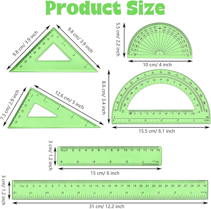 Tenare 1 Set Plastic Clear Math Set Includes Protractor Triangle Rulers 12 Inch 6 Inch Straight Geometry Math Transparent Ruler Measuring Tool for School Office Home Supplies (Green)-DeskLoop Office