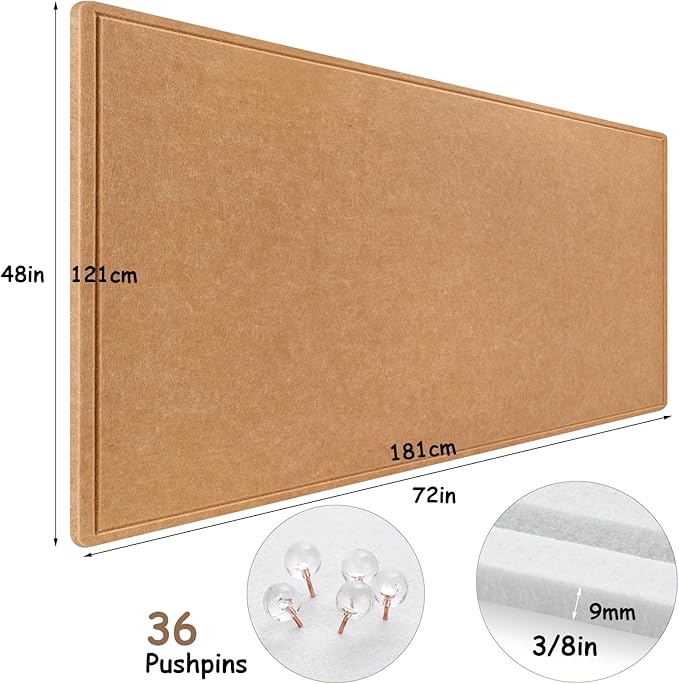 Large Bulletin Board, Foldable 72x48 Inches Cork Board Alternative, Large Felt Board Decorative Pin Board for Wall, Foldable Photo Board Self-Adhesive Vision Board with 36 Pushpins Brown-DeskLoop Office