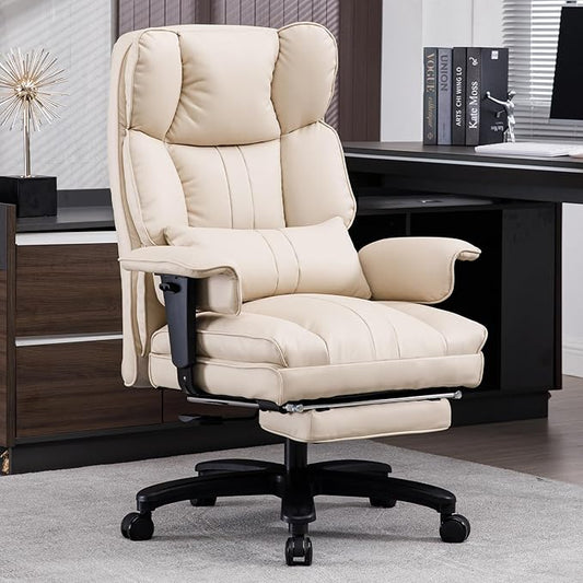 Big and Tall Office Chair 500lbs Wide Seat Executive Office Desk Chair High-Back Office Task Chair with Foot Rest, Ergonomic Lumbar Support Computer Office Chairs for Heavy People(Beige)-DeskLoop Office