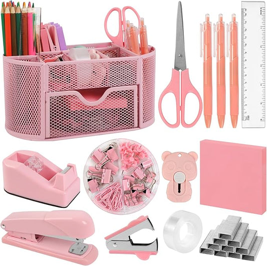 Office Supplies for Desk,14pcs Pink Desk Sets and Accessories, Office Supply Kit with Mesh Desktop Organizer and Stapler,Staple Remover, Staples,Tape Dispenser,Sticky Tabs,Scissors, Ruler-DeskLoop Office