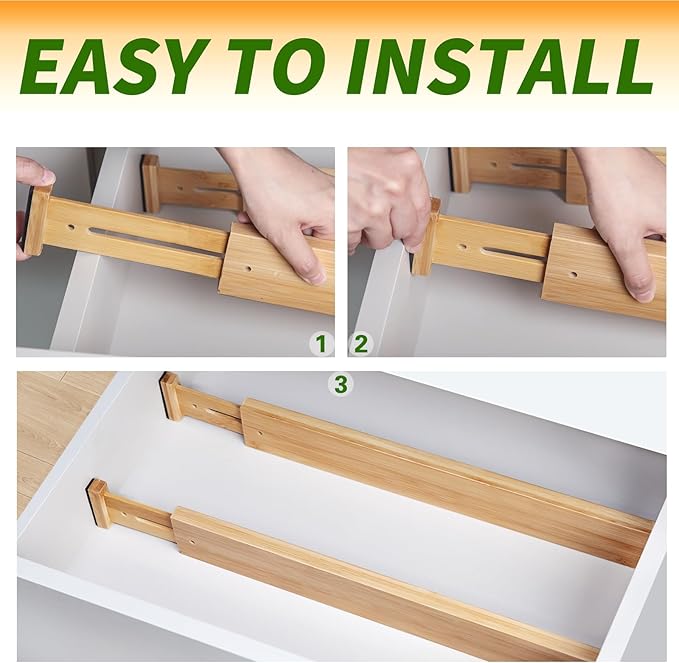 Bamboo Drawer Organizers 4 Pack, 17-22" Adjustable Spring Loaded Dividers for Kitchen Utensils, Silverware, Clothes, Dresser, Bathroom and Office Storage-DeskLoop Office