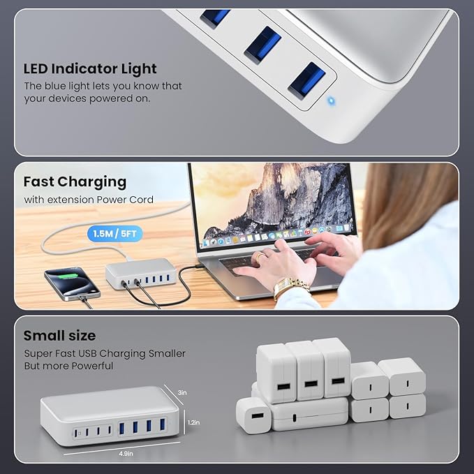 USB C Charger 200W USB C Charger Block,Upgraded GaN III 8-Port Fast Charging Station Hub,PD 65W Laptop Charging Adapter Compatible with MacBook Pro/Air,DELL,Steam Deck,iPhone 16/15/14,Galaxy S23/22-DeskLoop Office