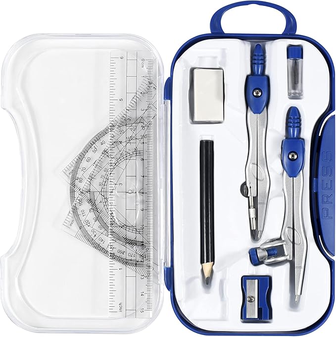 10 Pieces Math Geometry Kit Set Student Supplies with Shatterproof Storage Box,Includes Rulers,Protractor,Compass,Eraser,Pencil Sharpener,Lead Refills,Pencil,for School and Drawings(Navy Blue)-DeskLoop Office