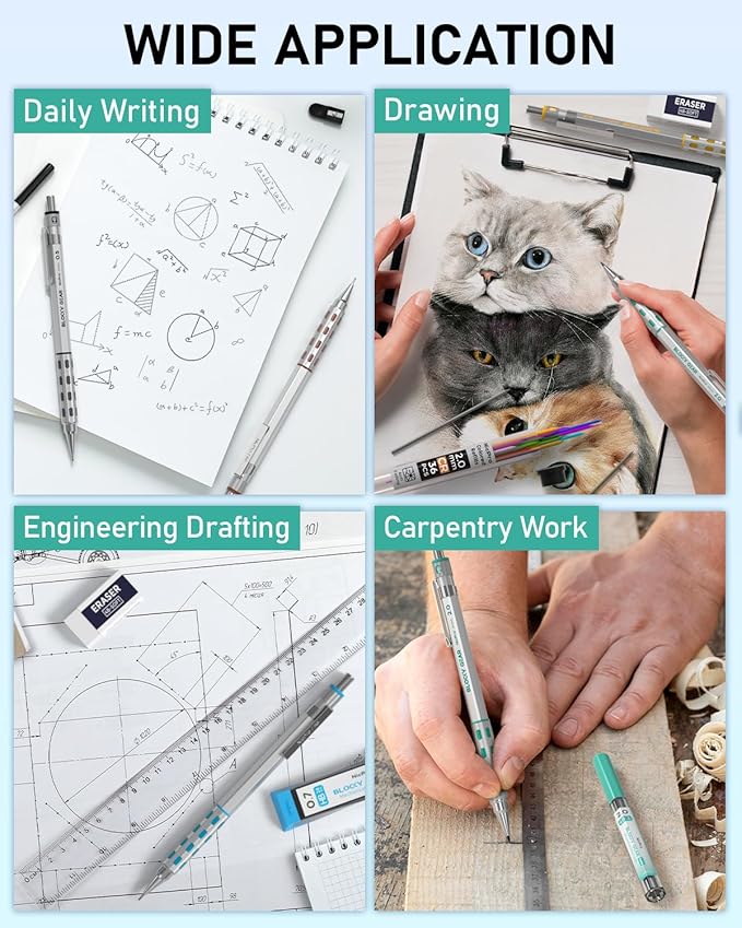 Nicpro Blocky Gear Metal Mechanical Pencil Set in Leather Case, 29PCS Art Drafting Pencils 0.3, 0.5, 0.7, 0.9&2mm Lead Pencil with 330PCS Lead (HB 2H 4H 2B 4B 6B Color) For Writing Sketching Drawing-DeskLoop Office