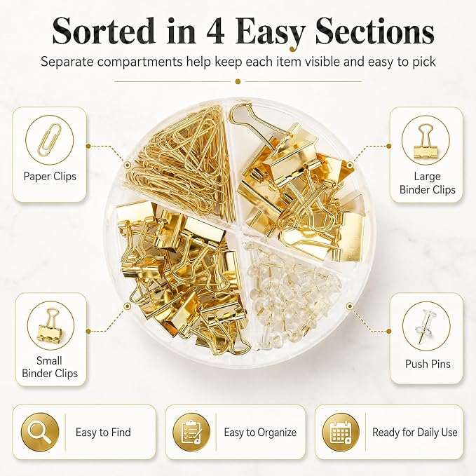 Gold Paper Binder and Clips Set, Metal Assorted Sized Binders - Image 7
