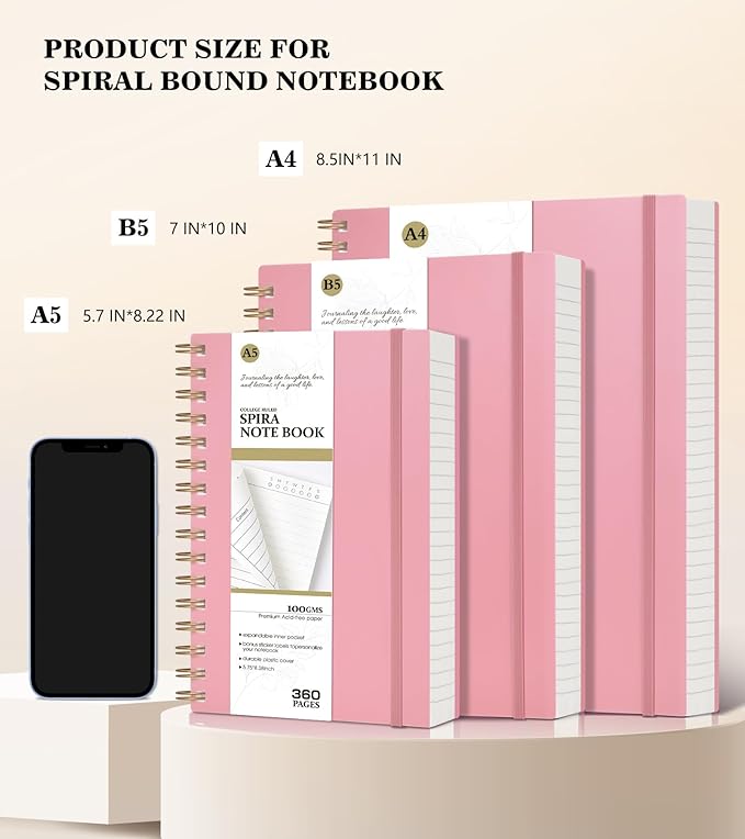 Pink Spiral Notebook Journal College Ruled 8.5''x 11'', 360 Pages Lined Thick Journals for Women Men, A4 Large Spiral Notebooks with 100GSM Paper, Spiral Journaling for Writing Work, School-DeskLoop Office