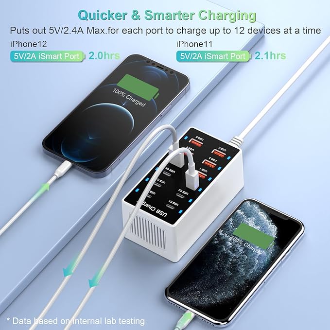 USB C Charger 12-Ports Charging Station for Multiple Devices - Wall Power Hub Strip Smart Plug Dock Block 6A 6C for iPhone Xs/XR, iPad, iPod, Laptops and Smart Phones 60W-DeskLoop Office