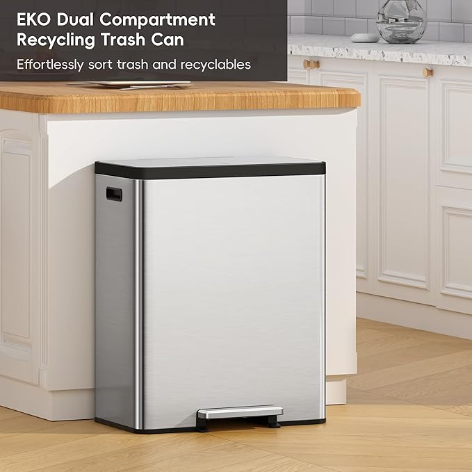 EKO EcoCasa II 36L+24L Dual Trash Can with Recycle Bin, Stainless Steel Garbage Can with Lid, Deodorizer Compartment, Odor-Proof and Fingerprint Resistant-DeskLoop Office