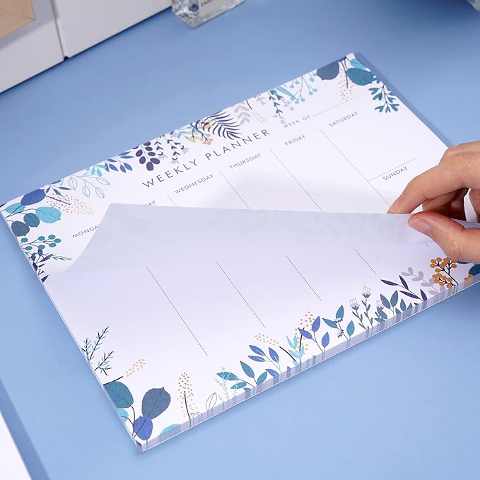 Weekly Planner Notepad Tear Off Set of 2 Weekly Calendar Pad 52 Undated To Do List Notepad Sheets Desk Planner Planning Pads Productivity Tracker for Work Goals Notes Schedule Ideas, Floral Blue-DeskLoop Office