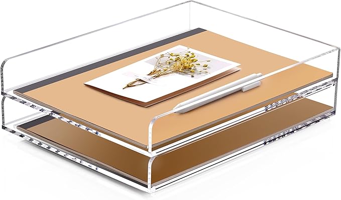 SANRUI 2 Tier Acrylic Stackable Paper Letter Tray, Vertical A4 File Desk Organizer and Accessories Sorter Tray, Clear Workspace Office Supplies Organizers, 12inx9.25inx3.42in-DeskLoop Office