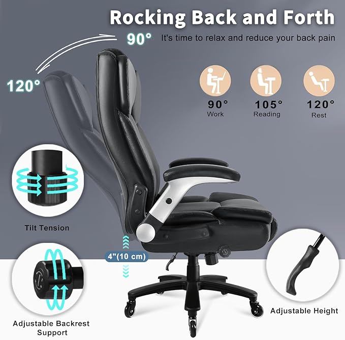Big and Tall Office Chair 600LBS, Heavy Duty Office Chair for Heavy People, High Back Executive Office Leather Chair with Adjustable Armrests and Lumbar Support, Black Ergonomic Big Tall Chair-DeskLoop Office