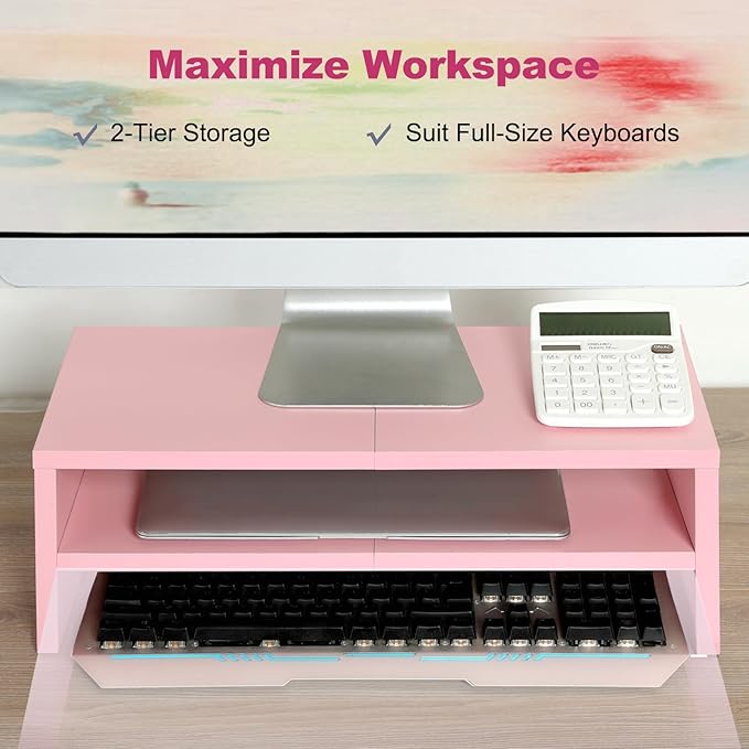 TEAMIX 2 Tiers Pink Monitor Stand Riser, Desktop Stand with Keyboard Storage Small TV Stand Laptop Wooden Desk Organizer Cute Shelf (Pink, 2 Tiers)-DeskLoop Office