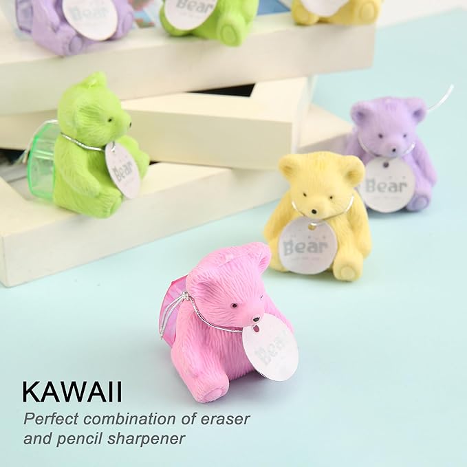 8Pcs Cute Backpack Bear Erasers Desk Pets for Kids, Kawaii Fun Animal Erasers with Pencil Sharpener for School Classroom Supplies Prize Gifts Party Favors-DeskLoop Office