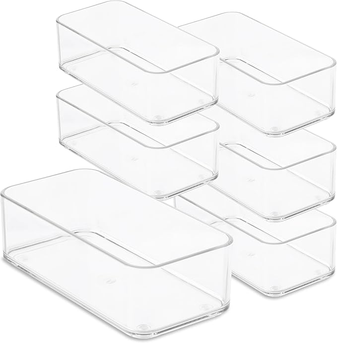 Plastic Clear Drawer Organizers. Bathroom, Kitchen, Bedroom, Jewelry, Office Organizer Bins, Storage Trays. Heavy Duty, Stackable. 9" x 3" x 2" Set of 6-DeskLoop Office