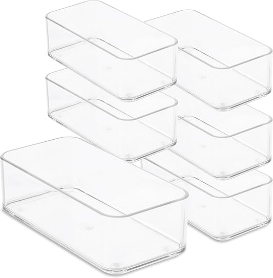 Plastic Clear Drawer Organizers. Bathroom, Kitchen, Bedroom, Nail Polish, Office Organizer Bins, Storage Trays. Heavy Duty, Stackable. 6" x 3" x 2" Set of 6-DeskLoop Office