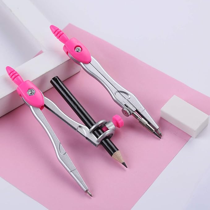 Math Geometry Kit Sets 10 Piece Student Supplies with Shatterproof Storage Box,Includes Rulers,Protractor,Compass,Eraser,Pencil Sharpener,Lead Refills,Pencil,for Drafting and Drawings(Pink)