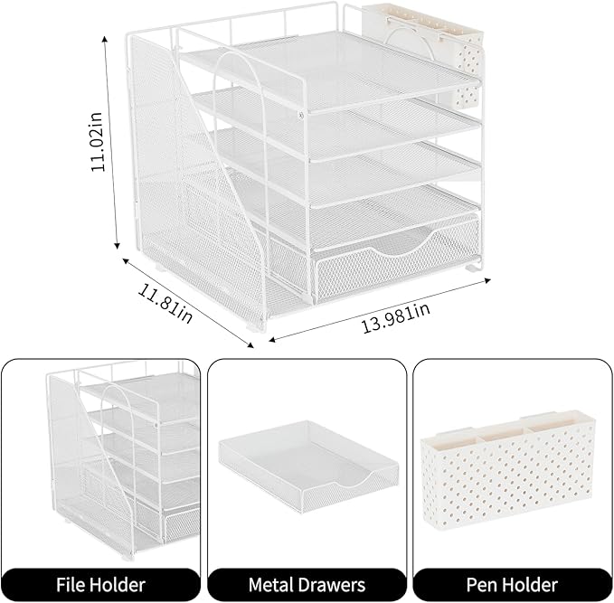 Desk Organizer with Drawer and Pen Holder, 5-Tier Paper Letter Tray Organizer with File Holder, Suitable for Workspace Organizer Office Supplies Storage (White)-DeskLoop Office