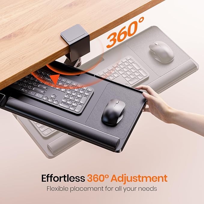 Klearlook Keyboard Tray Under Desk with 360° Rotation, Ergonomic Computer Keyboard & Mouse Tray 25"W×11.02"D Sit Stand Desk Keyboard Holder w/Wrist Rest & Storage Drawer (Height is not Adjustable)-DeskLoop Office