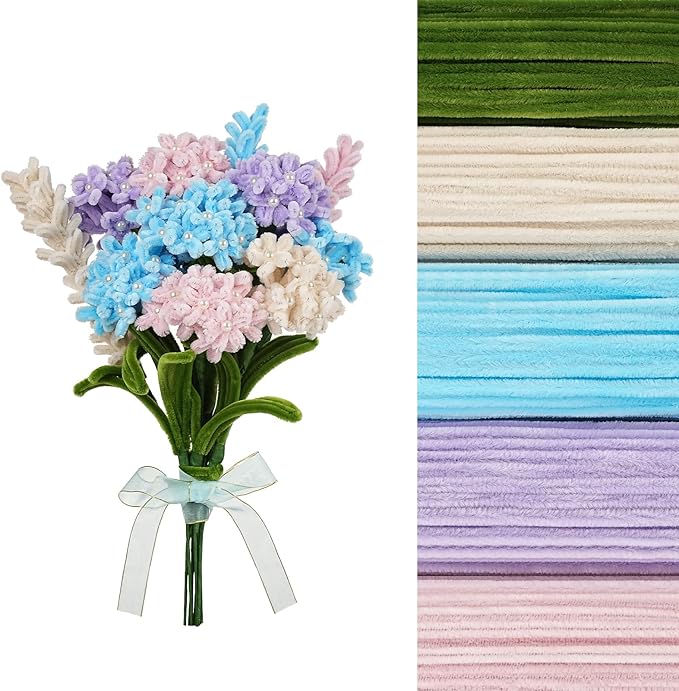 400 Pcs Craft Pipe Cleaners Flowers,5 Assorted Colors Chenille Stems Bulk with Floral Wires, Gardening Tape,Greeting Card,Bouquet Paper,Hot Glue Stick,Pearl & Ribbon,Ideals for Various Types Decor-DeskLoop Office
