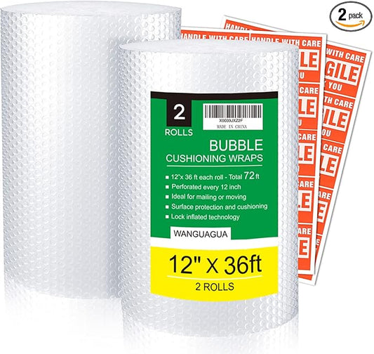 2 Pack 12 Inch x 72 ft Total Bubble Packing Wrap for Moving Boxes Shipping Cushioning Supplies Perforated Every 12”-DeskLoop Office