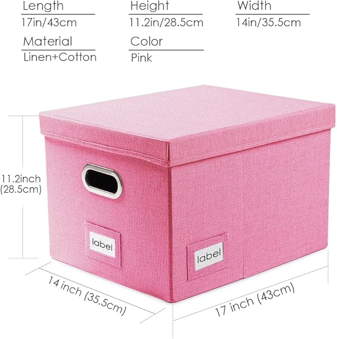 PRANDOM File Organizer Box - Set of 4 Collapsible Decorative Linen Filing Storage Hanging File Folders with Lids Office Cabinet Letter/Legal Size Pink 17.1x14x11.1 inch-DeskLoop Office