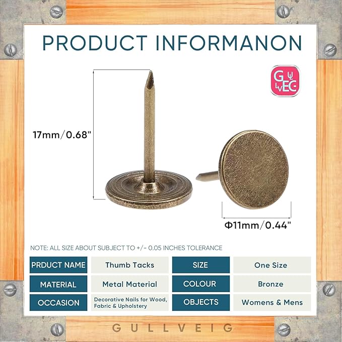 Gullveig Bronze Push Pins - 100 Piece Set in Elegant Metallic Finish - Durable Metal Thumb Tacks, Reusable Paper Box - Perfect for Home, Office, and DIY Projects - Ф11mm x 17mm-DeskLoop Office