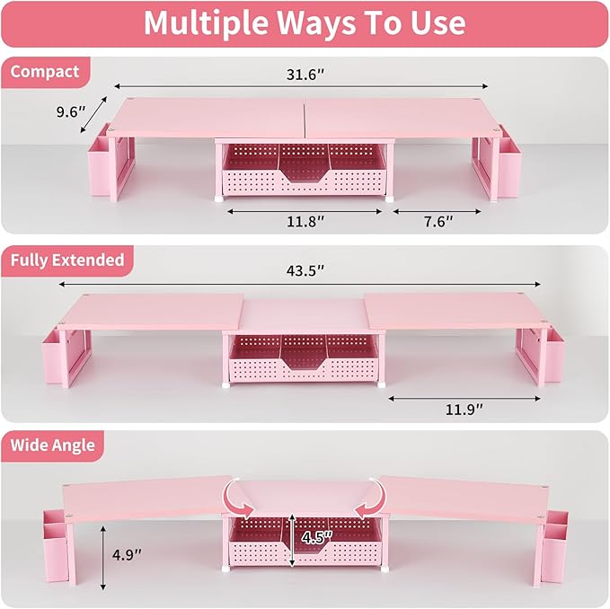 Desk Dual Monitor Stand Riser - Wood Desk Organizer with Drawer and Pen Holders, Office Desk Accessories & Workspace Organization, Computer Monitor Stand for Laptop Printer, Girl Pink-DeskLoop Office