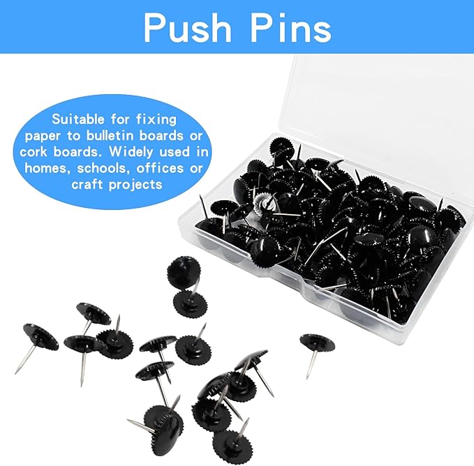 Piutouyar 100 Pcs Black Push Pins, Plastic Thumb Tacks for Wall Hanging, Flat Head and Steel Point Push Pins Wall Tacks Thumbtacks for Furniture Cork Board DIY Projects or Home Decor-DeskLoop Office