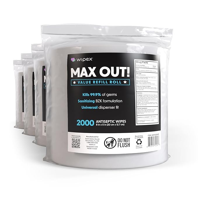 Wipex Max Out Sanitizing Wipes for Fitness Centers - 2000 Wipes Per Roll, Pack of 4, Economy Size Refill Rolls for Dispensers, 5"x8" - Ideal for High Volume Commercial Gyms, Schools & Studios-DeskLoop Office