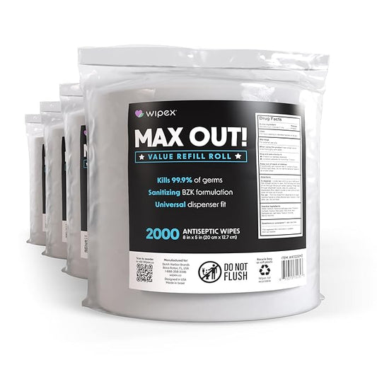 Wipex Max Out Sanitizing Wipes for Fitness Centers - 2000 Wipes Per Roll, Pack of 4, Economy Size Refill Rolls for Dispensers, 5"x8" - Ideal for High Volume Commercial Gyms, Schools & Studios-DeskLoop Office