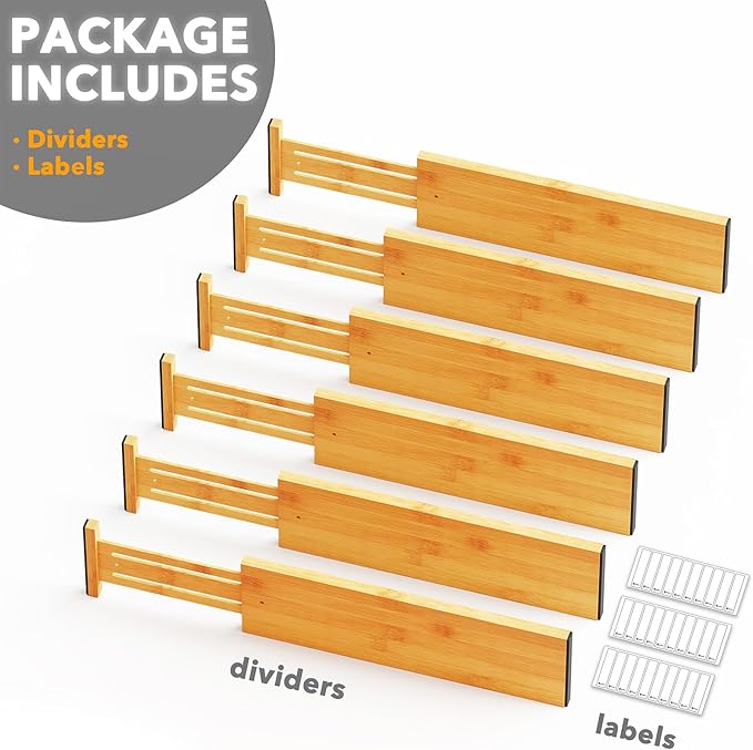 SpaceAid Bamboo Dresser Drawer Dividers 6 Pack, 4.65“ High Adjustable 17“-22” Drawer Organizers, Expandable Organization for Clothing, Clothes, Dressers, Natural-DeskLoop Office