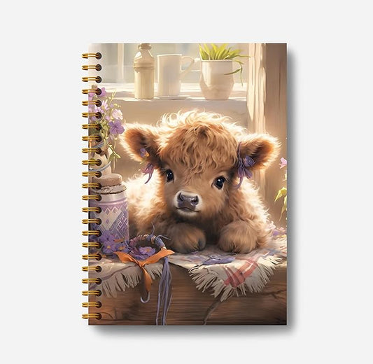 Floral Highland Cow Notebook - Western Cow Notebook, Highland Cow Office Supplies, Highland Cow Gifts, Cow Lover Gifts, Cute Cow Stuff, Cute Highland Cow with Lavender Spiral Notebook 5.5x8.3-DeskLoop Office