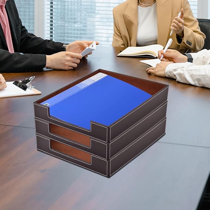 PU Leather 1-Layer Stackable Office File Document Tray Case Rack Paper Letter Tray Desk File Document Organizer Holder (Coffee)-DeskLoop Office